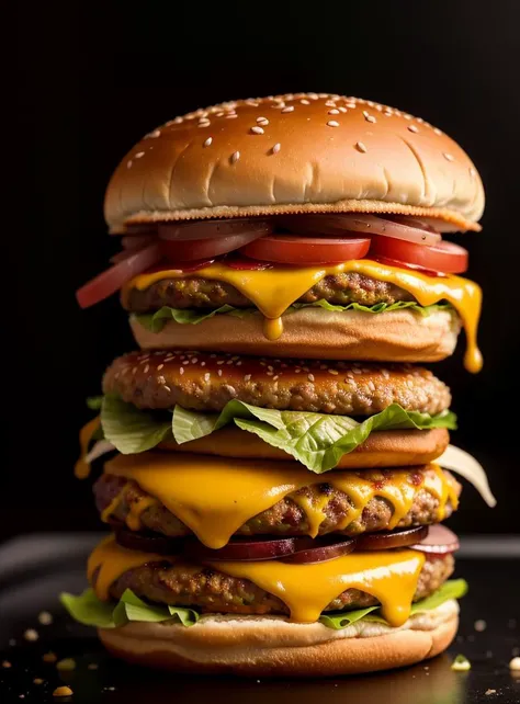 product shot of ultra realistic juicy cheeseburger against a dark background, two tone lighting, advertisement, octane, unreal