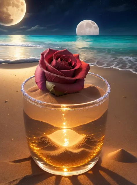 sand , flowers, roses and water crystal, on the beach, fantasy, sky night , moon, smoke , photo, HD, 8K , realistic, HD, intricate, 8k, highly detailed,fun, sharp focus,