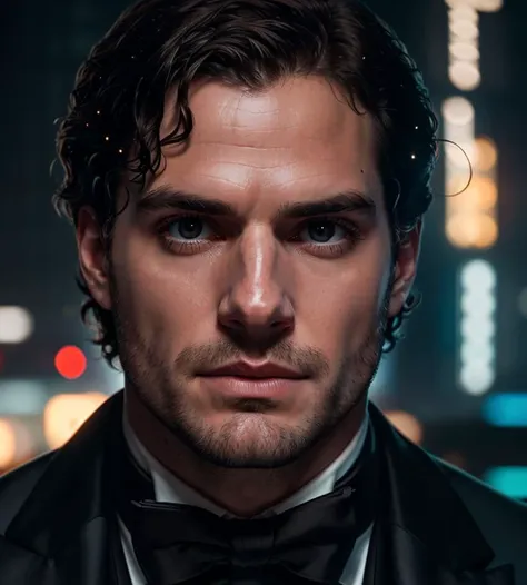 RAW face closeup portrait of henry cavill person wearing a tuxedo, professional photography, in blade runner, high resolution, 4k, 50mm, vaporwave, photo by Brooke Shaden, close portrait