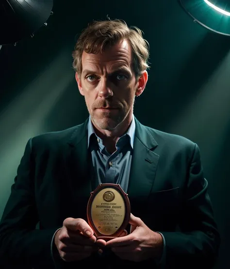 portrait of a award winning photo of hugh laurie posing in a dark studio, (rim lighting,:1.4) two tone lighting, sharp focus, teal hue, octane, unreal, dimly lit, low key