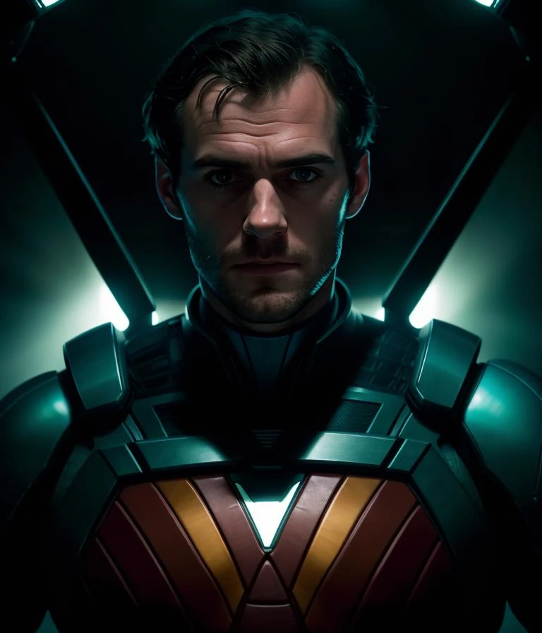 portrait of a award winning photo of herny cavill posing in a dark studio, (rim lighting,:1.4) two tone lighting, sharp focus, teal hue, octane, unreal, dimly lit, low key