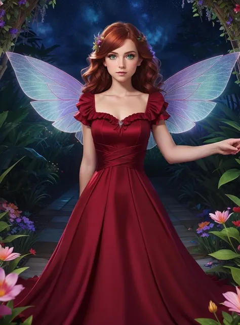 masterpiece, 8k, perfect ligthing, looking at viewer, Arm behind back, cinematic lighting, Hair curled at the ends, (dress:1.8), (extra long fairy wings), long wings, red clothes, clothes made from petals, Auburn Hair, (pointy ears), (detailled eyes), green eyes, emerald eyes, shrunken, Looking confused, blush, pixiedust, jungle, flowers, treehouse, night,