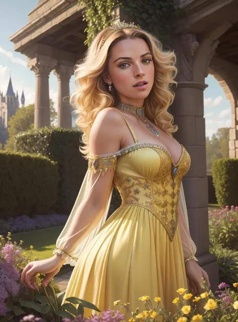 (Cinematic Photo:1.3) of (Masterpiece:1.3) A portrait of a (Belle) princess woman beautiful, dress crystal crystallized yellow pastel ornate drops transparent, hair blonde, fantasy, Medieval, epic hyper-detailed masterpiece ultra-wide, cinematic still, glamour hyper shoot, bokeh, pre-raphaelite, photo, realistic, octane render, 35 mm, photography, 8k resolution, 8 k, cinematic lighting, photographic, Eastman Kodak Color Negative film 5251 50T shot on panavision super, art by Bagshaw Tom, stanley, greg rutkowski, thomas kinkade, norman rockwell,(Cowboy-shot:1.2), (85mm),light particles, lighting, (highly detailed:1.2),(detailed face:1.2), (gradients), sfw, colorful,(detailed eyes:1.2), (detailed ladscape, garden, plants, castle:1.2),(detailed background),detailed landscape, (dynamic angle:1.2), (dynamic pose:1.2), (rule of third_composition:1.3), (Line of action:1.2), wide shot, daylight, solo,Highly Detailed,(80s Art:1.3),(Magical Realism:1.3),(Classical Realism:1.3),(Fujifilm Superia:1.3),naturalism,land Art,regionalism,shutterstock contest winner,trending on unsplash,featured on Flickr