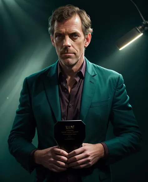 portrait of a award winning photo of hugh laurie posing in a dark studio, (rim lighting,:1.4) two tone lighting, sharp focus, teal hue, octane, unreal, dimly lit, low key