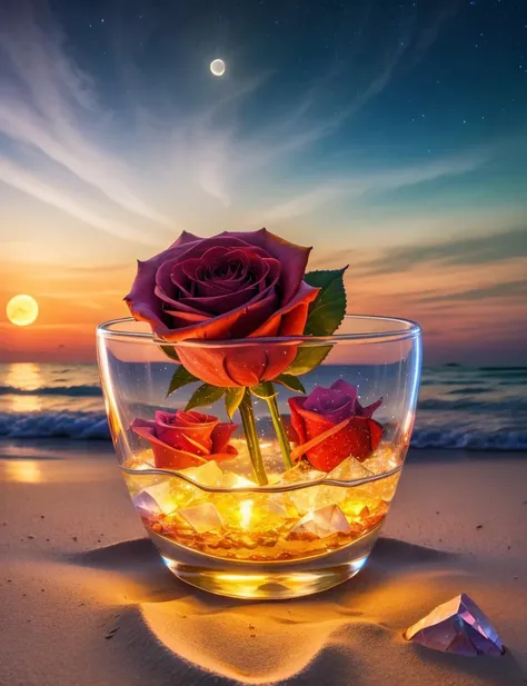 flowers, roses and water crystal, on the beach, fantasy, sky night , moon, smoke , photo, HD, 8K , realistic, HD, intricate, 8k, highly detailed,fun, sharp focus,