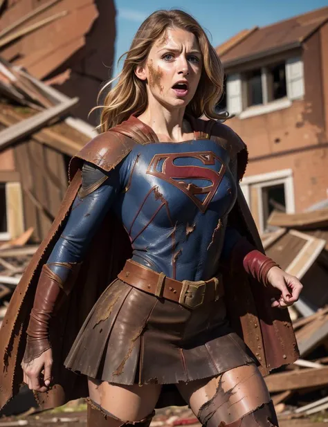 supergirl,  photo, HD, 8k, photo,  skin pores, very dark lighting, photorealistic, realistic, dramatic, dark, sharp focus, 8k), (weathered damaged old worn leather outfit:1.4), boot, skirt red, cape long red, buildings destroyed