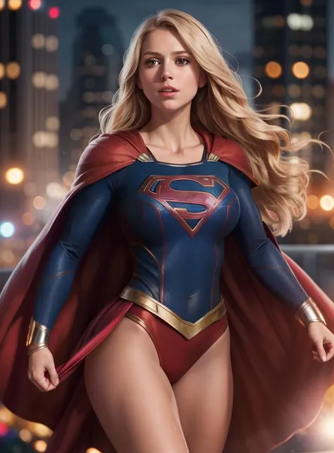 supergirl, hair blonde, cape red, realistic, (masterpiece:1.2) (photorealistic:1.2) (bokeh) (best quality) (intricate details) (8k) (HDR) (analog film) (canon d5) (cinematic lighting) (sharp focus),