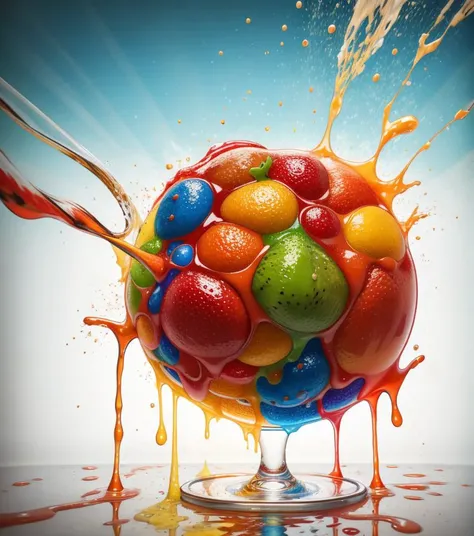 abstract, photorealistic, Food fruit LIQUID SPLASH, 3D BEEPLE STYLE, 8 k, 32 k, HDR, realistic,