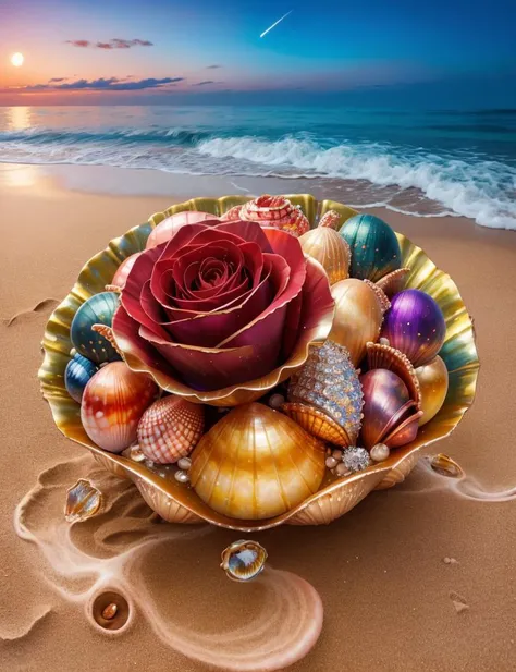 Splash water, flowers roses and shiny large shells, diamond crystal, on the beach, fantasy, sky night , moon, smoke , photo, HD, 8K , realistic, HD, intricate, 8k, highly detailed,fun, sharp focus,