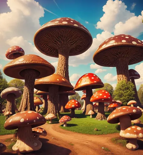 photorealistic, surreal landscape with giant mushrooms and intricate architecture,tree, 3D , 8 k, 32 k, HDR, realistic,