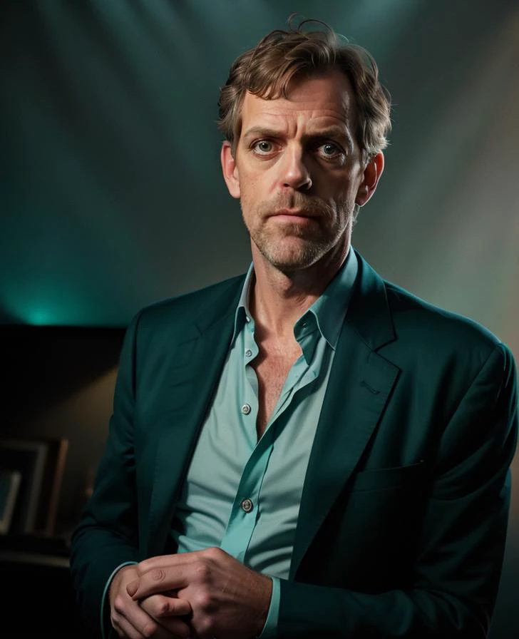 portrait of a award winning photo of hugh laurie posing in a dark studio, (rim lighting,:1.4) two tone lighting, sharp focus, teal hue, octane, unreal, dimly lit, low key