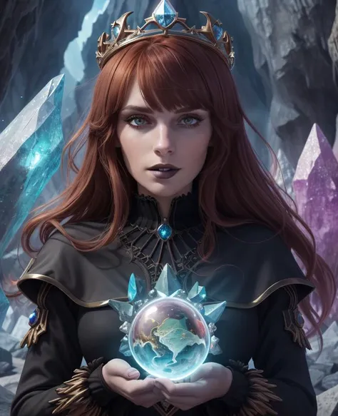 (absurdres, highres, ultra detailed), 1woman, hair violet, auburn hair, coral eyes, bangs, long sleeves, finely detailed eyes and detailed face, extremely detailed CG unity 8k wallpaper, intricate details, (style-swirlmagic:1.0), looking at viewer, solo, upper body, detailed background, close up, detailed face, (gothic dark ages theme:1.1), crystal sorcerer, dynamic pose, earth themed clothes, crystal crown, floating in the air, glowing magical shards, surrounded by blue magical crystals, rock formations, stalactites, magical floating particles, crystal glass, crystal sphere, crystal canyon background, (shallow water:0.7), epic ethereal atmosphere, updraft,, portrait