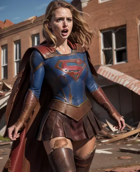 supergirl, photo, HD, 8k, photo, skin pores, very dark lighting, photorealistic, realistic, dramatic, dark, sharp focus, 8k), (weathered damaged old worn leather outfit:1.4), boot, skirt red, cape long red, buildings destroyed