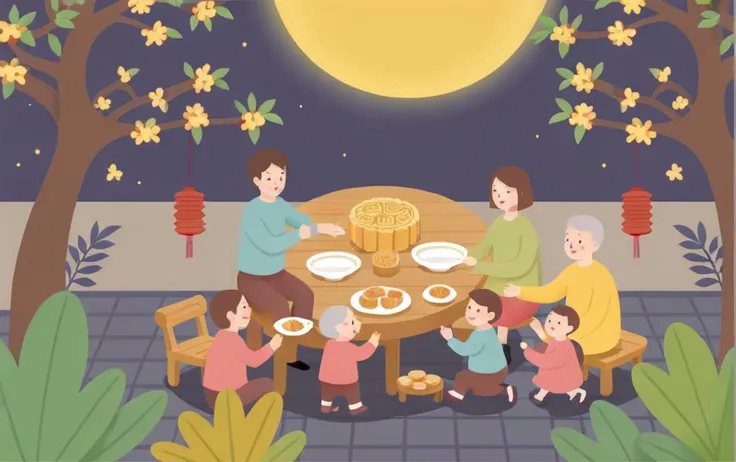 mid autumn festival poster,a family eats in the yard,text:ä¸ç§,<lora:zhongqiu_v3-000032:0.7>,