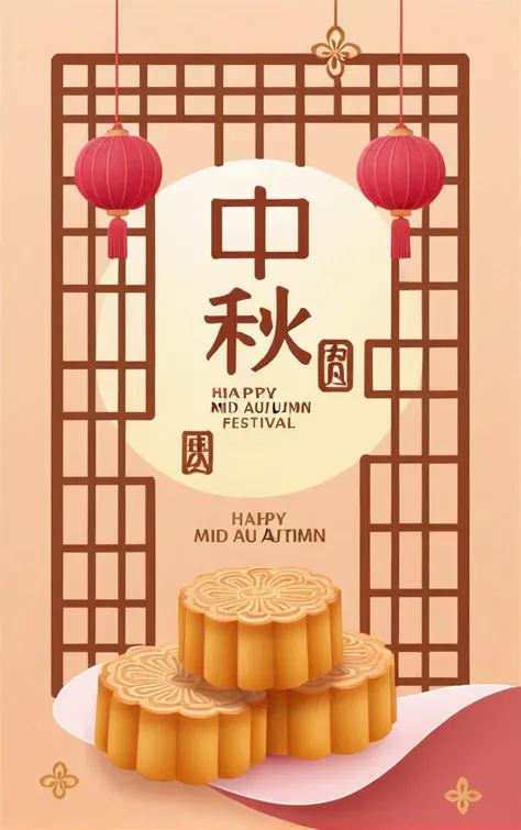 mid autumn festival poster,text:ä¸ç§,<lora:zhongqiu_v3-000032:0.7>,moon cake,window lattice,