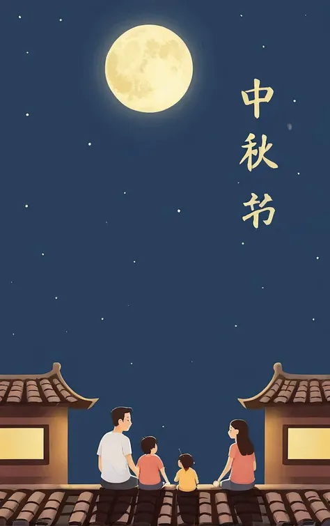 mid autumn festival poster,text:ä¸ç§,<lora:zhongqiu_v3-000034:0.7>,dad and mom and child are watching the moon on the roof,