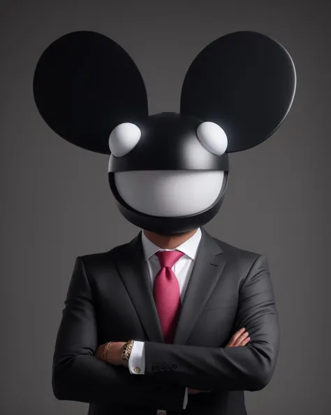 a full-height full-size photo of a businessman in a suit wearing a black (m@u5he@d) <lora:mau5head_real:0.95>, simple background, arms crossed, <lora:LowRA:0.25>