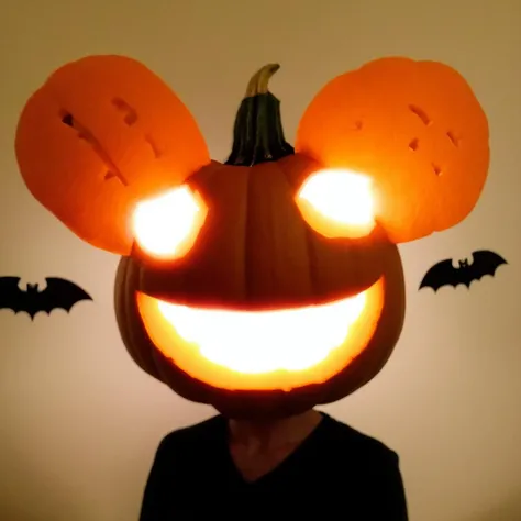 a photo of a person wearing a Halloween pumpkin ((m@u5he@d)) made as jack-o-lantern, <lora:mau5head_real:0.89>, simple background, bats