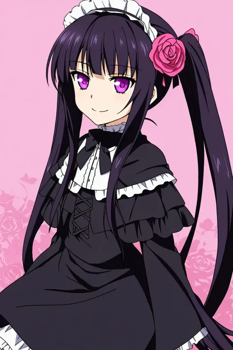 sakuya, anime_art_style, 1girl, solo, long_hair, looking_at_viewer, smile, black_hair, hair_ornament, twintails, purple_eyes, flower, hair_flower, capelet, lolita_fashion, gothic_lolita