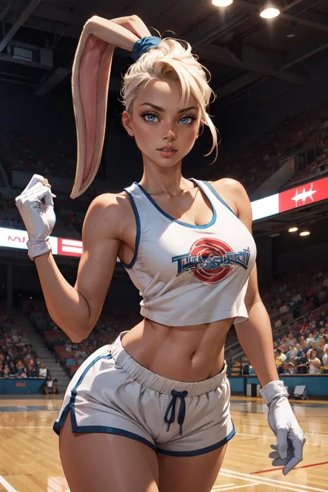 (masterpiece, best quality, 4k, detailed, intricate, realistic),sports court,1girl,lolabunny,furry, white shorts, white gloves, tank top, sportswear,blue eyes  <lora:lolabunny-guy-v3:0.8>