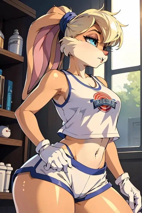 (masterpiece, best quality), 1girl, <lora:lolabunny-guy-v3:1> lolabunny, furry, white shorts, white gloves, tank top, sportswear, animal nose