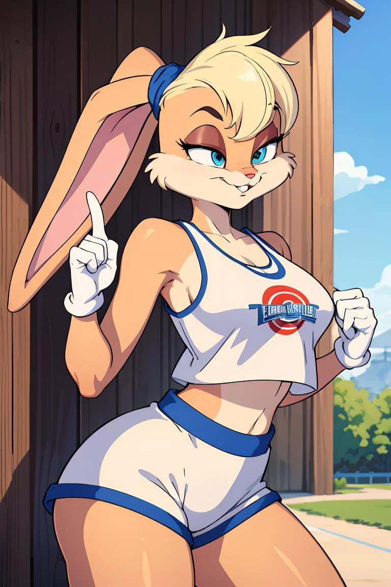 (masterpiece, best quality), 1girl, <lora:lolabunny-guy-v3:1> lolabunny, furry, white shorts, white gloves, tank top, sportswear, animal nose
