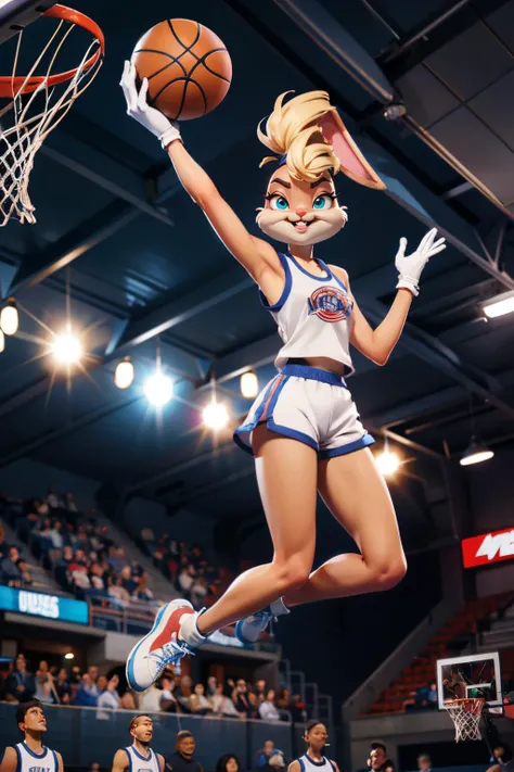lolabunny, furry, animal nose, white shorts, white gloves, tank top, sportswear, rabbit ears, looking serious, smiling, slam dunk, in air, jumping, inside basketball court, basketball hoop, crowd, bright lighting, high quality, masterpiece, <lora:lolabunny-guy-v3:.8>