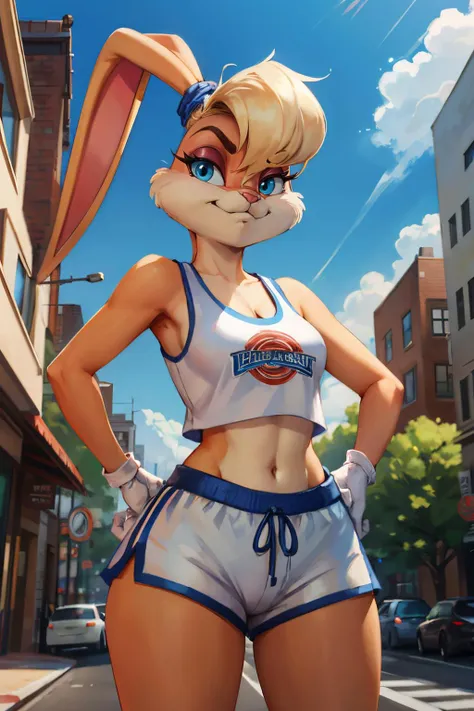 lolabunny, furry, animal nose, white shorts, white gloves, tank top, sportswear, bunny ears, looking at viewer, serious,standing, hands on hips, outside, city, street, blue sky, high quality, masterpiece, <lora:lolabunny-guy-v3:.9>