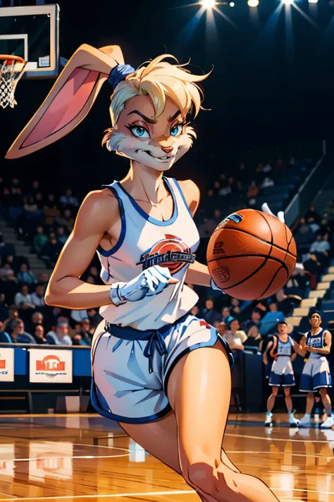 lolabunny, furry, animal nose, white shorts, white gloves, tank top, sportswear, rabbit ears, looking at viewer, serious, smirk, dribbling basketball, inside basketball court, crowd, bright lighting, high quality, masterpiece, <lora:lolabunny-guy-v3:.9>