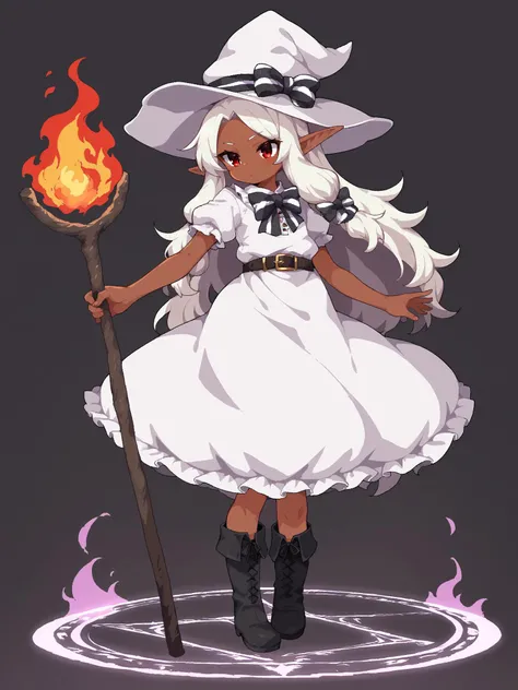 score_9, score_8_up, score_7_up, source_anime, <lora:Namako_Daibakuhatsu:0.8>
1girl, solo, ((dark elf, young girl:1.3)), small breast, elf girl, pointed ears, white hair, (long hair:1.3), red eyes, parted bangs,
white dress, long dress, frills, oversized clothes, black bow tie, striped bow tie, puffy sleeves, short sleeves, belt, boots, white witch hat
standing, holding staff, cast fire magic, magic circle behind, dynamic pose