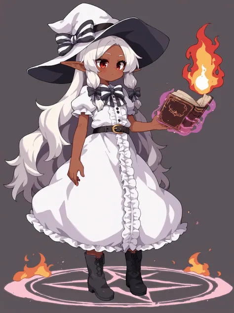 score_9, score_8_up, score_7_up, source_anime, <lora:Namako_Daibakuhatsu:0.8>
1girl, solo, ((dark elf, young girl:1.3)), small breast, elf girl, pointed ears, white hair, (long hair:1.3), red eyes, parted bangs,
white dress, long dress, frills, oversized clothes, black bow tie, striped bow tie, puffy sleeves, short sleeves, belt, boots, white witch hat
standing, read book, cast fire magic, magic circle behind