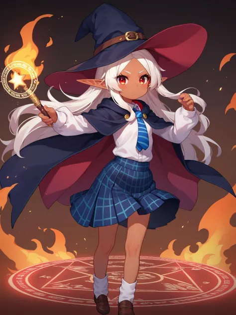 score_9, score_8_up, score_7_up, source_anime <lora:Namako_Daibakuhatsu:0.4>
1girl, solo, ((dark elf, young girl:1.3)), small breast, elf girl, pointed ears, white hair, (long hair:1.3), red eyes, parted bangs,
black skirt, plaid, plaid skirt, oversized clothes, black tie, striped tie, white shirt, school uniform, puffy sleeves, long sleeves, black witch hat, black cape
standing, magic wand in hand, cast fire magic, magic circle behind, dynamic pose