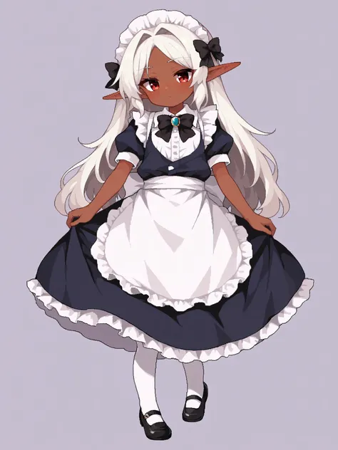 score_9, score_8_up, score_7_up, source_anime, <lora:Namako_Daibakuhatsu:0.8>
1girl, solo, ((dark elf, young girl:1.3)), small breast, elf girl, pointed ears, white hair, (long hair:1.3), red eyes, parted bangs,
maid, oversized clothes, frills, white frills shirt, long shirt, puff sleeves, short sleeves, white sleeves, black bow tie, bow tie brooch, maid headdress, maid apron, white tights, black shoes
blush