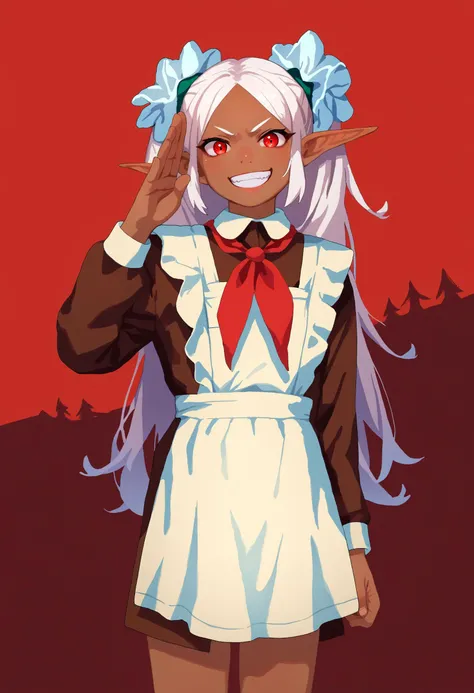 score_9, score_8_up, score_7_up, source_anime <lora:Namako_Daibakuhatsu:0.6>
1girl, solo, ((dark elf, young girl:1.3)), small breast, elf girl, pointed ears, white hair, (long hair:1.3), red eyes, parted bangs,
<lora:Soviet_Schoolgirl_Uniform:1> Soviet schoolgirl uniform, frilled apron, frilled hair scrunchie, red neckerchief,looks into the distance, evil grin, twintails, salute, big red flag behind