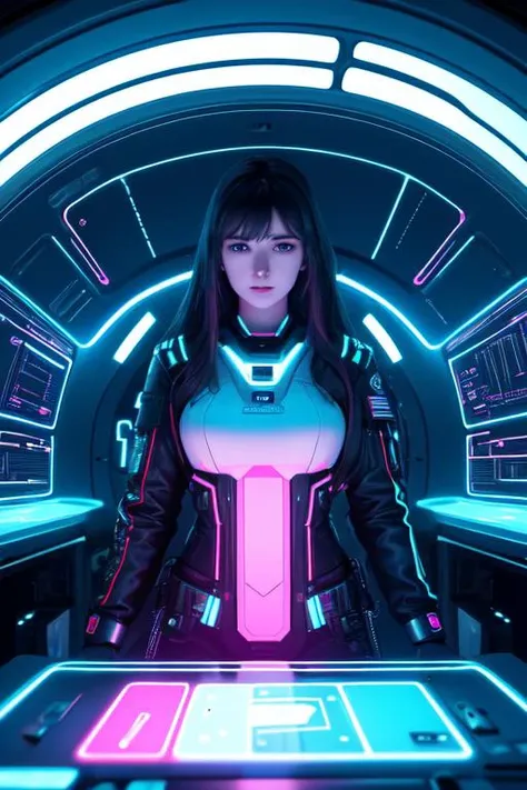 Masterpiece, Top Quality, Super Detail, 8K, 1girl, blunt bangs, long hair, vaportrap, retro-futurism background, virtual display in forground