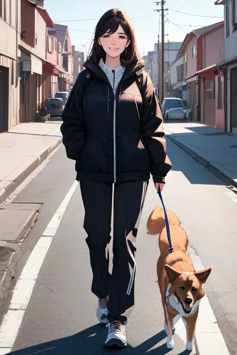 real, (realistic), super detailed, (4k), 8k, 21 year old woman walks a dog in her neighborhood, smiling