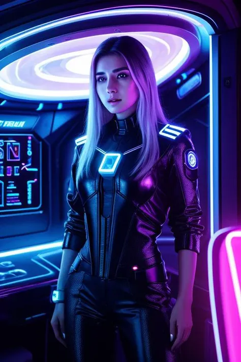 real, (realistic), super detailed, (4k), 8k, 21 year old woman onboard a futuristic spaceship, neon lights flashing