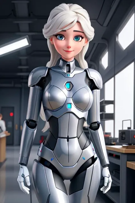 real, (realistic), super detailed, (4k), 8k, 21 year old robot woman being constructed, human face, in futuristic robot manufacturing facility, smiling