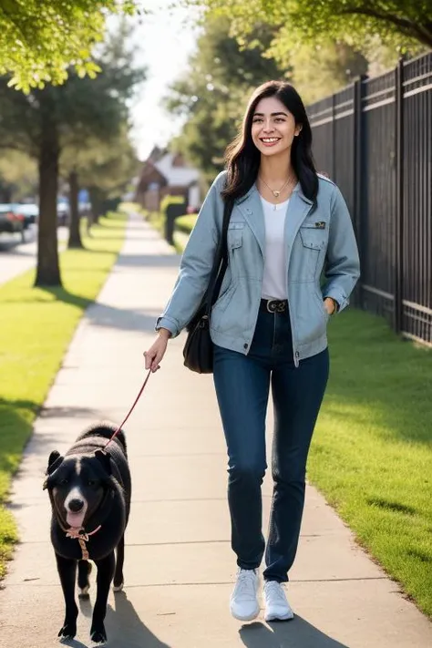 real, (realistic), super detailed, (4k), 8k, 21 year old woman walks a dog in her neighborhood, smiling