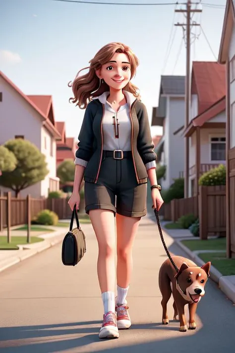 real, (realistic), super detailed, (4k), 8k, 21 year old woman walks a dog in her neighborhood, smiling