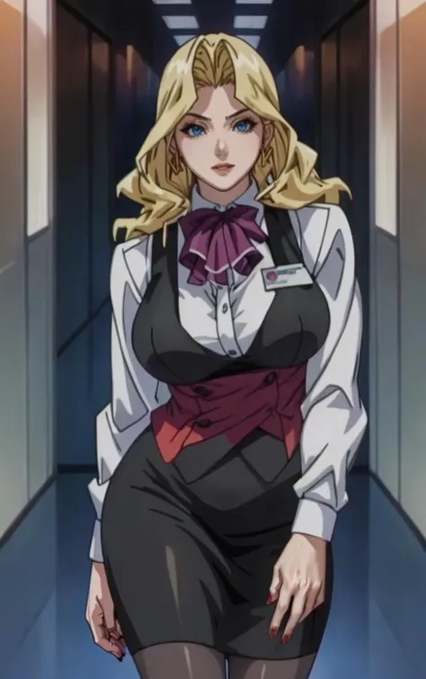 Dress_AliceNonoyama_ownwaifu,
1girl, blonde hair, long hair, blue eyes, lips, mature female, eyelashes, earrings, jewelry, red lips, nail polish, lipstick, makeup, large breasts, breasts,
bow, vest,  skirt suit,  pencil skirt, name tag,  ascot, bowtie, uniform,  long sleeves, office lady, black pantyhose, 
<lora:FAP_CHR_Lingeries_AliceNonoyama_ownwaifu:0.9>,
((masterpiece)),((best quality)),((anime screencap, game_cg)),  original, official_art, chromatic_aberration, bokeh, depth_of_field, skyline, scenery, cloudy_sky, sunset, outdoors, day, looking at viewer, solo, cowboy shot,