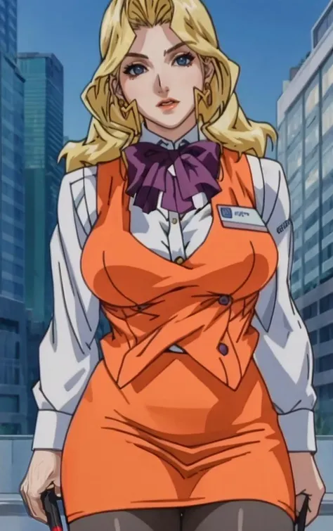 Dress_AliceNonoyama_ownwaifu,
1girl, blonde hair, long hair, blue eyes, lips, mature female, eyelashes, earrings, jewelry, red lips, nail polish, lipstick, makeup, large breasts, breasts,
bow, vest, orange vest, pencil skirt, name tag, ascot, bowtie, uniform, long sleeves, office lady, black pantyhose,
<lora:FAP_CHR_Lingeries_AliceNonoyama_ownwaifu:1>,
((masterpiece)),((best quality)),((anime screencap, game_cg)), original, official_art, chromatic_aberration, bokeh, depth_of_field, skyline, scenery, cloudy_sky, sunset, outdoors, day, looking at viewer, solo, cowboy shot,