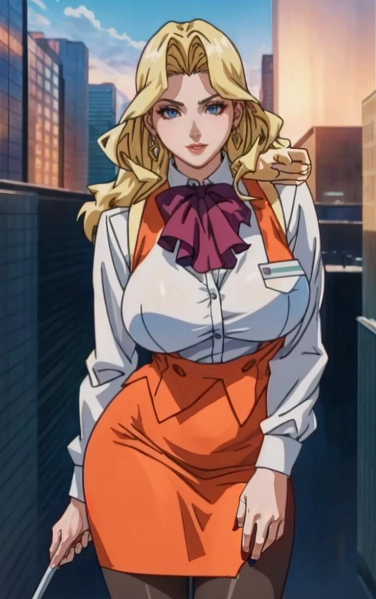 Dress_AliceNonoyama_ownwaifu,
1girl, blonde hair, long hair, blue eyes, lips, mature female, eyelashes, earrings, jewelry, red lips, nail polish, lipstick, makeup, large breasts, breasts,
bow, vest, skirt suit, pencil skirt, name tag, ascot, bowtie, uniform, long sleeves, office lady, black pantyhose,
<lora:FAP_CHR_Lingeries_AliceNonoyama_ownwaifu:0.8>,
((masterpiece)),((best quality)),((anime screencap, game_cg)), original, official_art, chromatic_aberration, bokeh, depth_of_field, skyline, scenery, cloudy_sky, sunset, outdoors, day, looking at viewer, solo, cowboy shot,