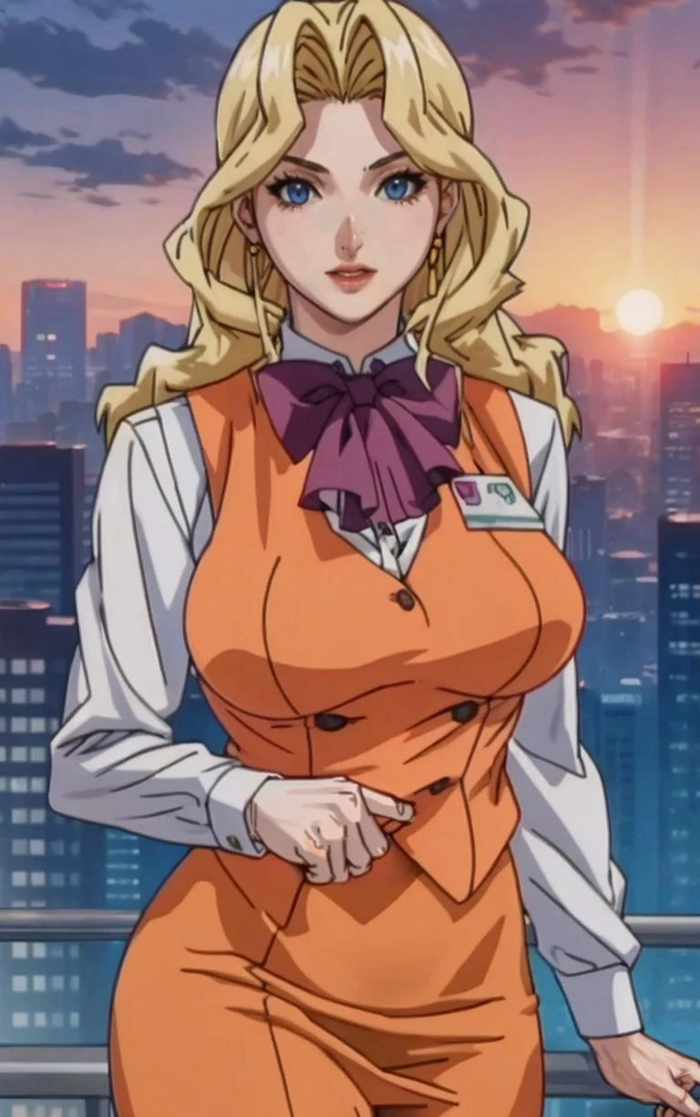 Dress_AliceNonoyama_ownwaifu,
1girl, blonde hair, long hair, blue eyes, lips, mature female, eyelashes, earrings, jewelry, red lips, nail polish, lipstick, makeup, large breasts, breasts,
bow, vest, orange vest, pencil skirt, name tag, ascot, bowtie, uniform, long sleeves, office lady, black pantyhose,
<lora:FAP_CHR_Lingeries_AliceNonoyama_ownwaifu:0.8>,
((masterpiece)),((best quality)),((anime screencap, game_cg)), original, official_art, chromatic_aberration, bokeh, depth_of_field, skyline, scenery, cloudy_sky, sunset, outdoors, day, looking at viewer, solo, cowboy shot,