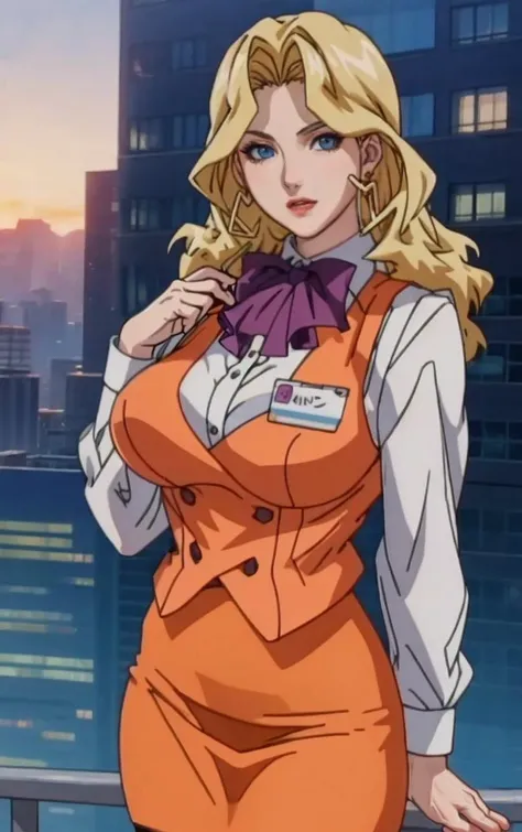 Dress_AliceNonoyama_ownwaifu,
1girl, blonde hair, long hair, blue eyes, lips, mature female, eyelashes, earrings, jewelry, red lips, nail polish, lipstick, makeup, large breasts, breasts,
bow, vest,  orange vest,  pencil skirt, name tag,  ascot, bowtie, uniform,  long sleeves, office lady, black pantyhose, 
<lora:FAP_CHR_Lingeries_AliceNonoyama_ownwaifu:0.8>,
((masterpiece)),((best quality)),((anime screencap)),  original, official_art, chromatic_aberration, bokeh, depth_of_field, skyline, scenery, cloudy_sky, sunset, outdoors, day, looking at viewer, solo, cowboy shot,