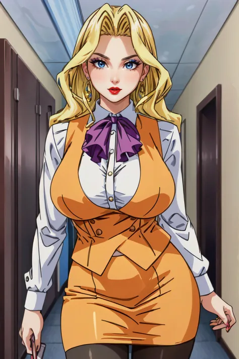 (masterpiece, best quality, ultra detailed, absurdres:1.5), 1girl, (sexy, beautiful woman, perfect face, perfect eyes, perfect female body, medium breasts:1.5), (Dress_AliceNonoyama_ownwaifu, blonde hair, long hair, lips, mature female, eyelashes, earrings, jewelry, nail polish, bow, vest, orange vest,  pencil skirt, name tag, ascot, bowtie, uniform, long sleeves, office lady, black pantyhose, <lora:FAP_CHR_Lingeries_AliceNonoyama_ownwaifu:0.75>), (standing, indoors, office tower), perfect lighting, smooth, hdr