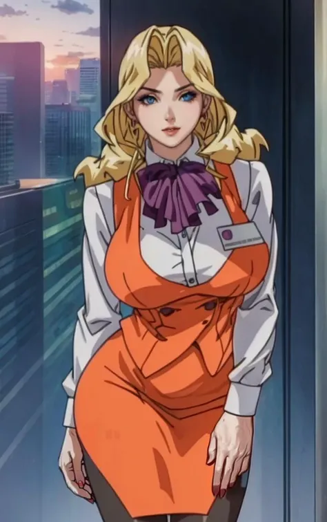 Dress_AliceNonoyama_ownwaifu,
1girl, blonde hair, long hair, blue eyes, lips, mature female, eyelashes, earrings, jewelry, red lips, nail polish, lipstick, makeup, large breasts, breasts,
bow, vest, skirt suit, pencil skirt, name tag, ascot, bowtie, uniform, long sleeves, office lady, black pantyhose,
<lora:FAP_CHR_Lingeries_AliceNonoyama_ownwaifu:0.9>,
((masterpiece)),((best quality)),((anime screencap, game_cg)), original, official_art, chromatic_aberration, bokeh, depth_of_field, skyline, scenery, cloudy_sky, sunset, outdoors, day, looking at viewer, solo, cowboy shot,