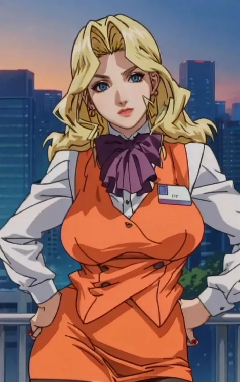 Dress_AliceNonoyama_ownwaifu,
1girl, blonde hair, long hair, blue eyes, lips, mature female, eyelashes, earrings, jewelry, red lips, nail polish, lipstick, makeup, large breasts, breasts,
bow, vest,  orange vest,  pencil skirt, name tag,  ascot, bowtie, uniform,  long sleeves, office lady, black pantyhose, 
<lora:FAP_CHR_Lingeries_AliceNonoyama_ownwaifu:1>,
((masterpiece)),((best quality)),((anime screencap)),  original, official_art, chromatic_aberration, bokeh, depth_of_field, skyline, scenery, cloudy_sky, sunset, outdoors, day, looking at viewer, solo, cowboy shot,