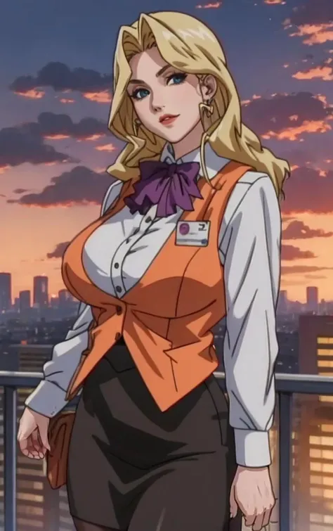 Dress_AliceNonoyama_ownwaifu,
1girl, blonde hair, long hair, blue eyes, lips, mature female, eyelashes, earrings, jewelry, red lips, nail polish, lipstick, makeup, large breasts, breasts,
bow, vest,  orange vest,  pencil skirt, name tag,  ascot, bowtie, uniform,  long sleeves, office lady, black pantyhose, 
<lora:FAP_CHR_Lingeries_AliceNonoyama_ownwaifu:0.7>,
((masterpiece)),((best quality)),((anime screencap)),  original, official_art, chromatic_aberration, bokeh, depth_of_field, skyline, scenery, cloudy_sky, sunset, outdoors, day, looking at viewer, solo, cowboy shot,