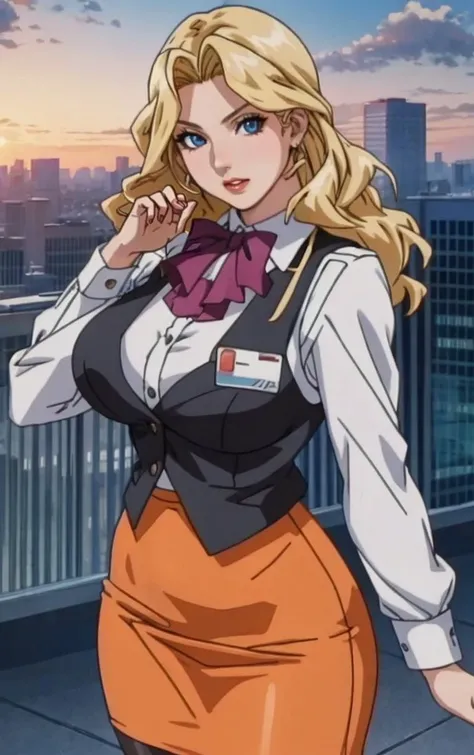Dress_AliceNonoyama_ownwaifu,
1girl, blonde hair, long hair, blue eyes, lips, mature female, eyelashes, earrings, jewelry, red lips, nail polish, lipstick, makeup, large breasts, breasts,
bow, vest,  orange vest,  pencil skirt, name tag,  ascot, bowtie, uniform,  long sleeves, office lady, black pantyhose, 
<lora:FAP_CHR_Lingeries_AliceNonoyama_ownwaifu:0.7>,
((masterpiece)),((best quality)),((anime screencap, game_cg)),  original, official_art, chromatic_aberration, bokeh, depth_of_field, skyline, scenery, cloudy_sky, sunset, outdoors, day, looking at viewer, solo, cowboy shot,
